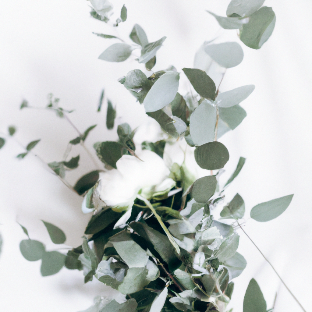 Bouquet minimaliste de pivoines et eucalyptus sur fond blanc, ombres douces.