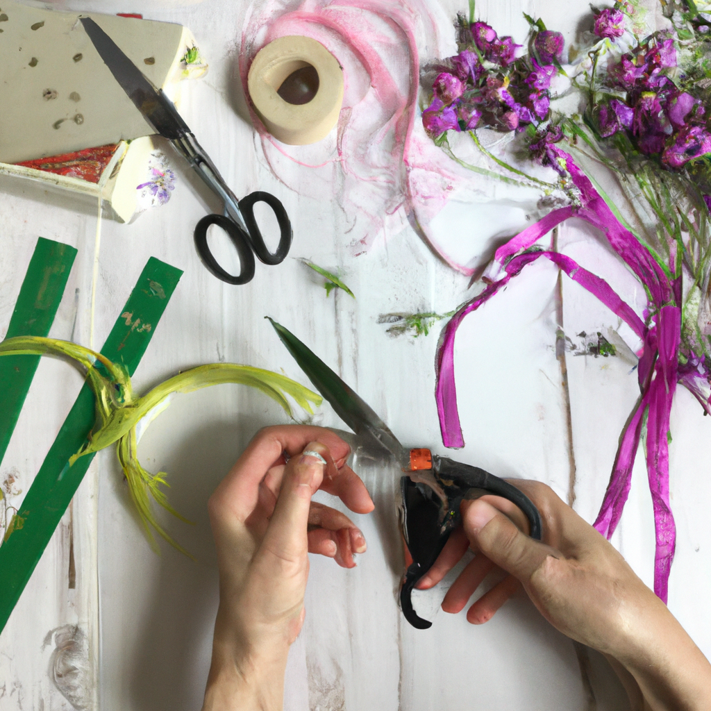 Mains composant un bouquet, ciseaux et rubans sur table d'atelier, vue de dessus.