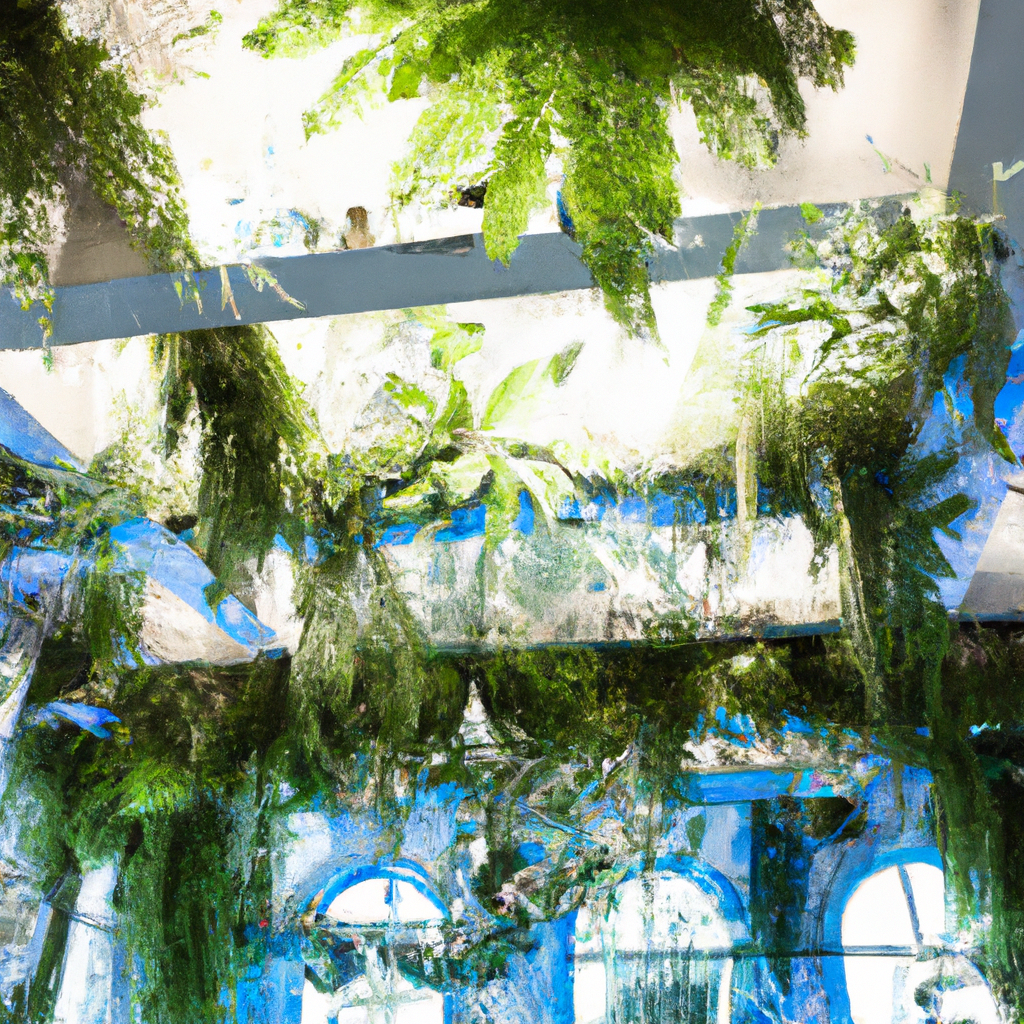 Installation botanique moderne sur arche suspendue, feuillages luxuriants en lumière naturelle.